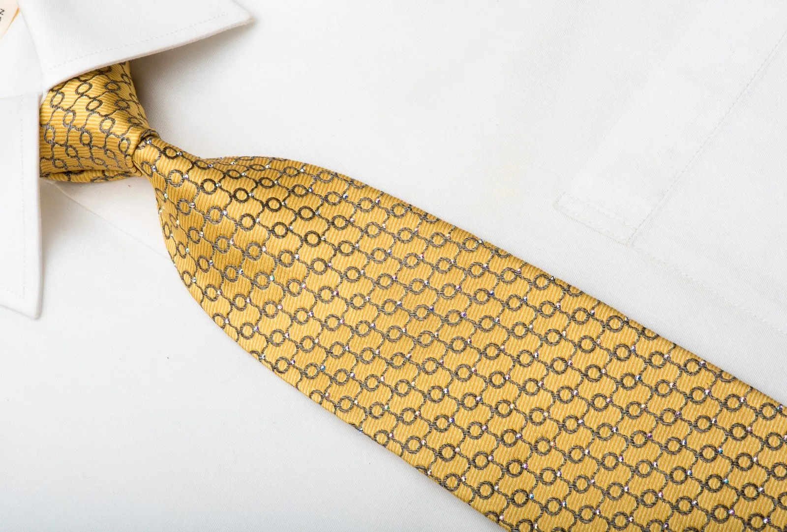 Daniel Hechter Men's Silk Tie Silver Trellis On Golden Yellow Sparkling With Rhinestones