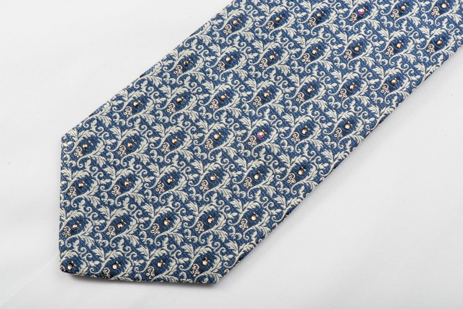 Daniel Hechter Rhinestone Tie Silver Filigree On Blue With Gold Sparkles