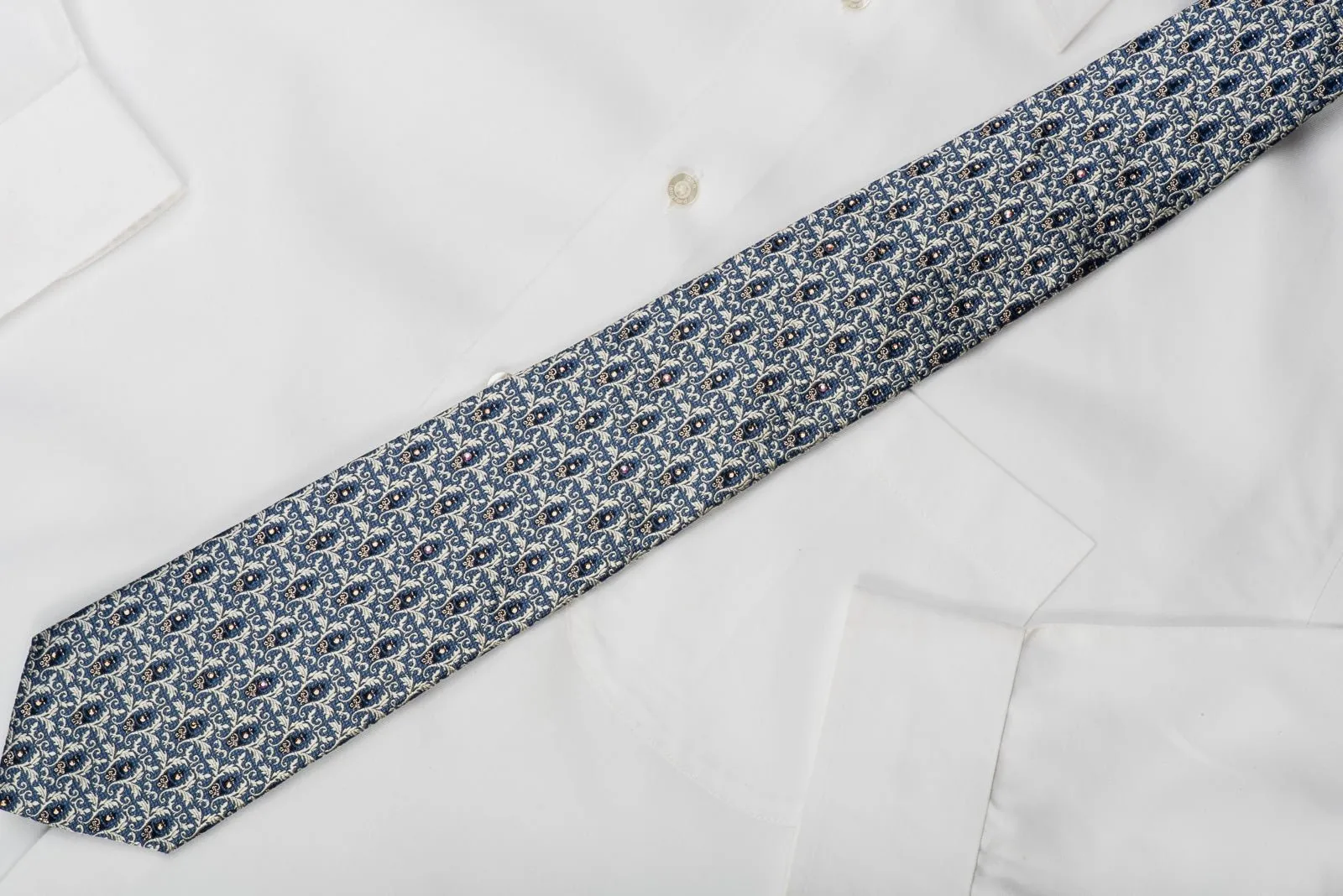 Daniel Hechter Rhinestone Tie Silver Filigree On Blue With Gold Sparkles