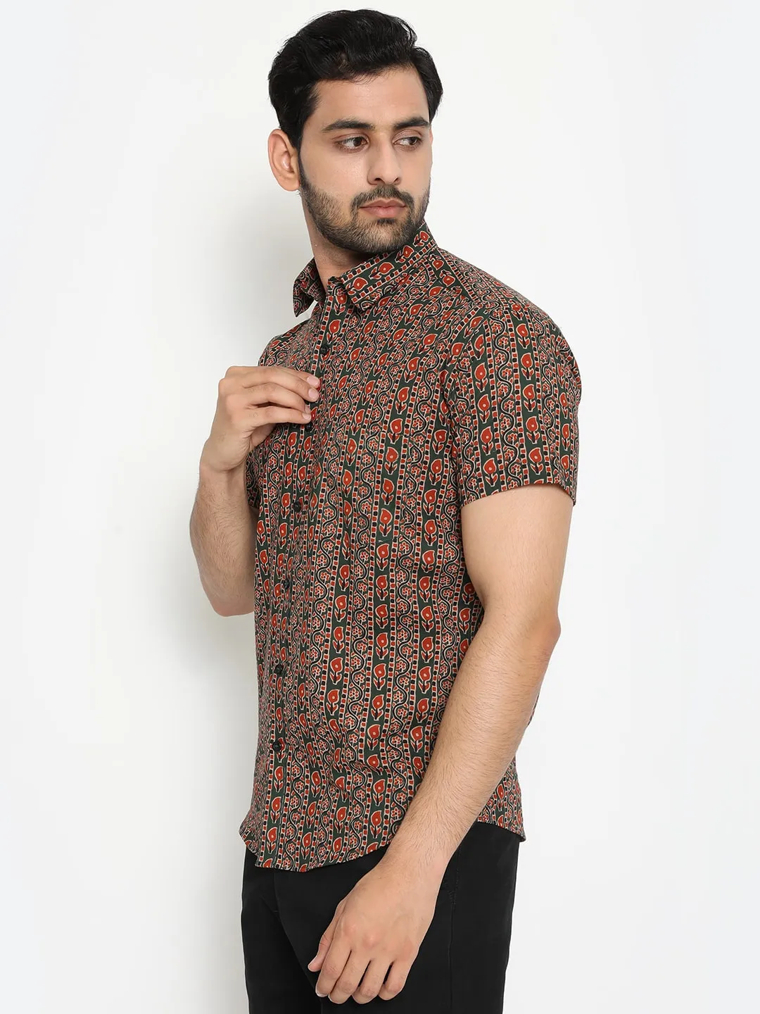 Dark green Short Sleeve Cotton Hand Block Printed Men’s Shirt