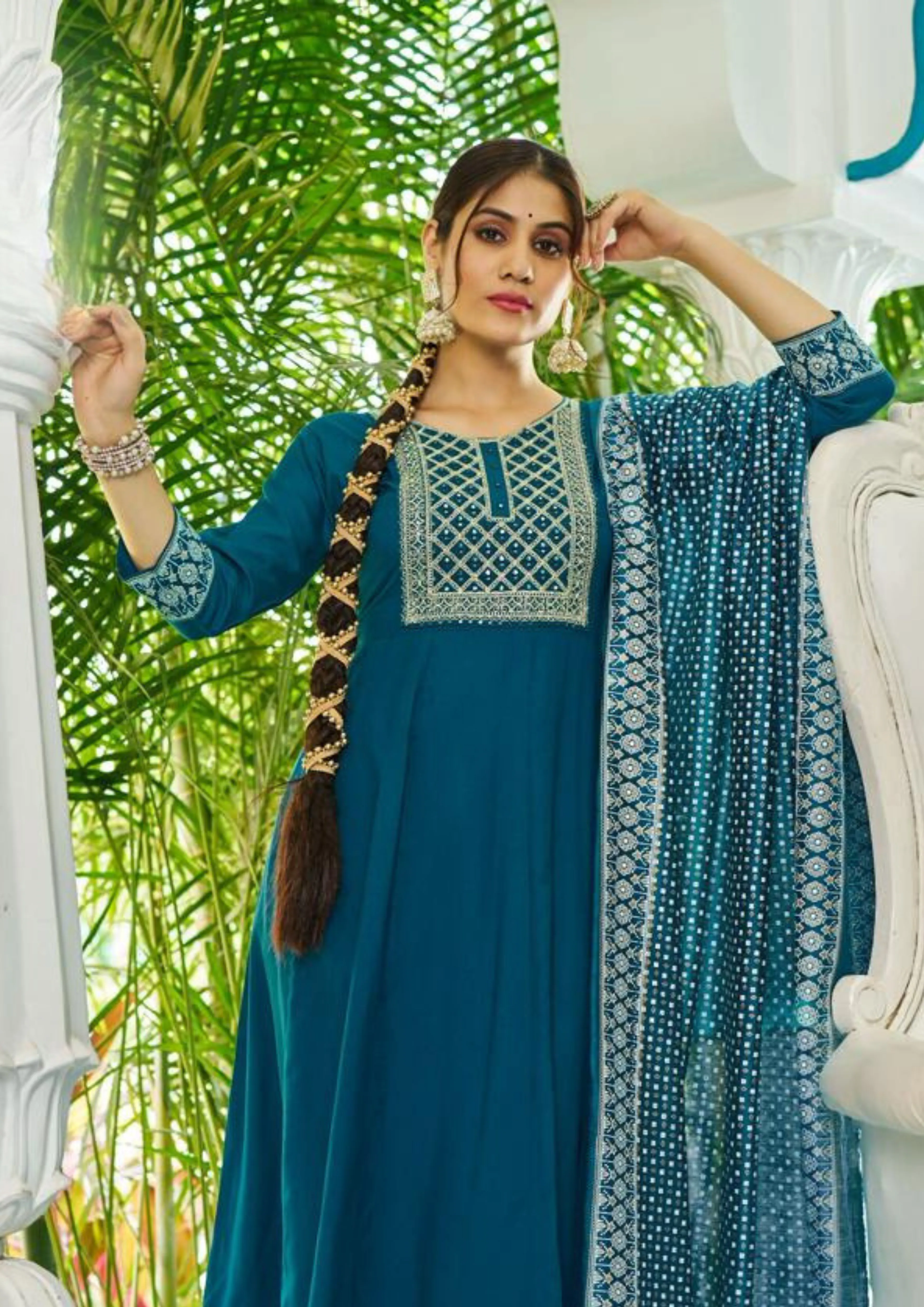 Dazzling Teal Blue Color Rayon Foil Print And Embroidery work Salwar Suits For Women