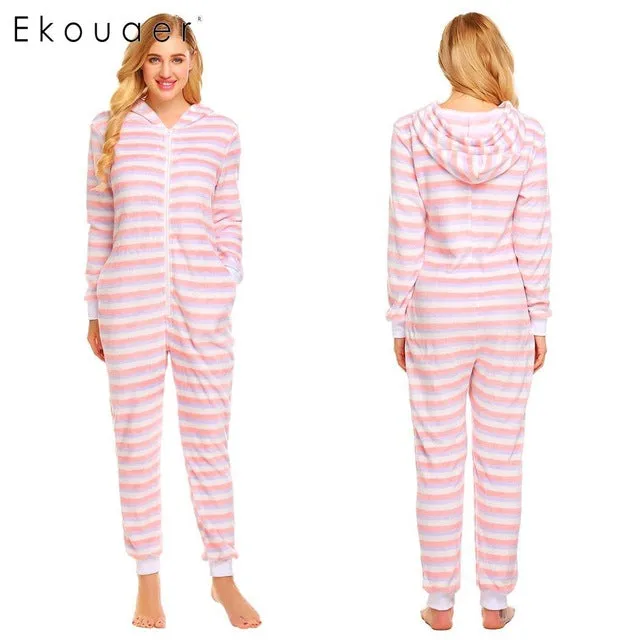 Ekouaer Women Winter Onesie Pajamas Warm Long Sleeve Hooded Striped Leopard Fleece Onesise Pajama Female Sleepwear S-XXL