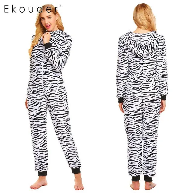 Ekouaer Women Winter Onesie Pajamas Warm Long Sleeve Hooded Striped Leopard Fleece Onesise Pajama Female Sleepwear S-XXL