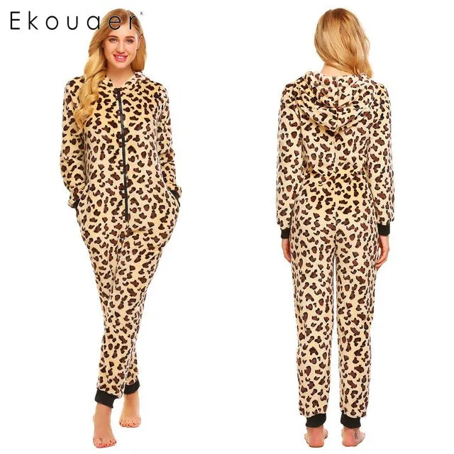 Ekouaer Women Winter Onesie Pajamas Warm Long Sleeve Hooded Striped Leopard Fleece Onesise Pajama Female Sleepwear S-XXL