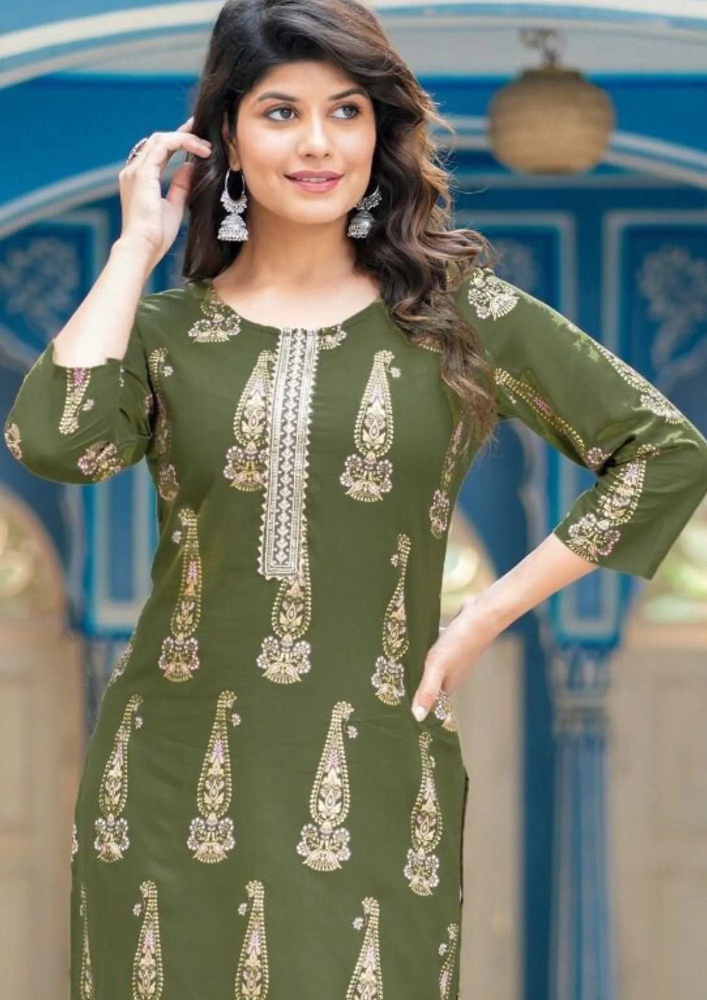 Elegant Green Colored Kurti With Rayon Gold Print And Fancy Embroidery Work For Women