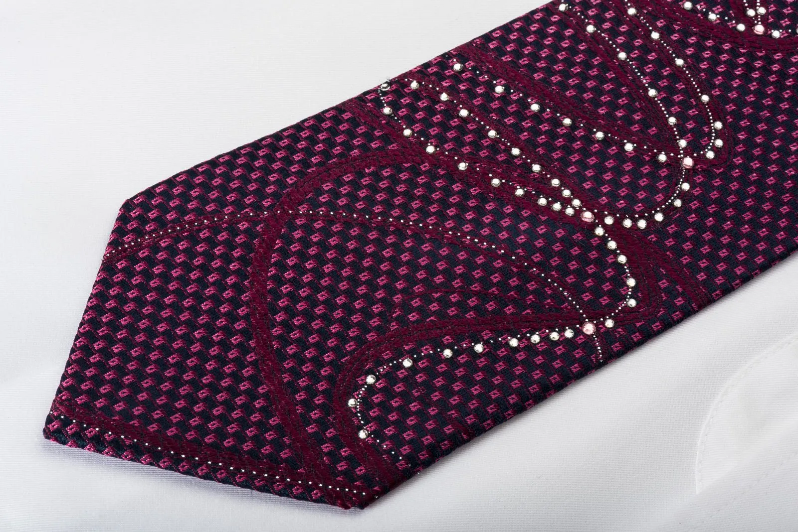 Elle Homme Bling Rhinestone Silk Necktie Scrolls On Purple With Silver Sparkles