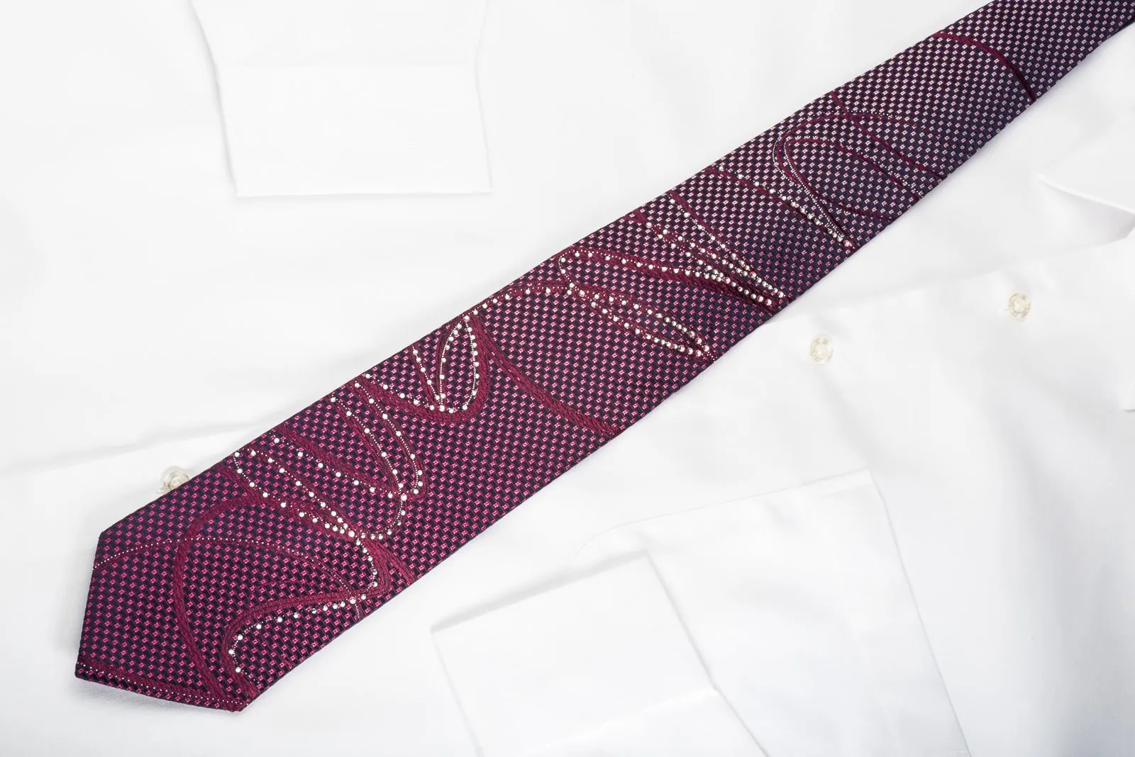 Elle Homme Bling Rhinestone Silk Necktie Scrolls On Purple With Silver Sparkles