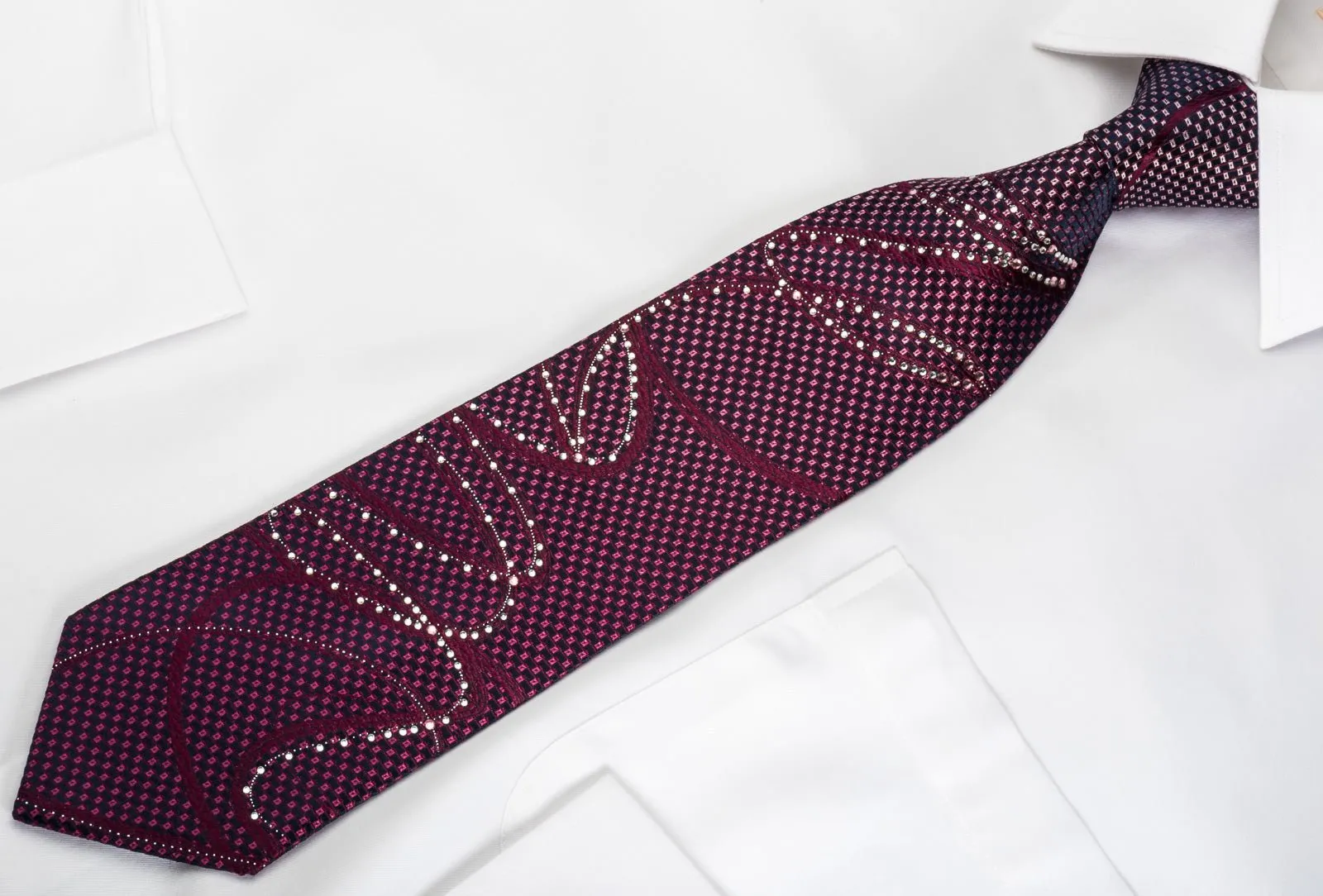 Elle Homme Bling Rhinestone Silk Necktie Scrolls On Purple With Silver Sparkles