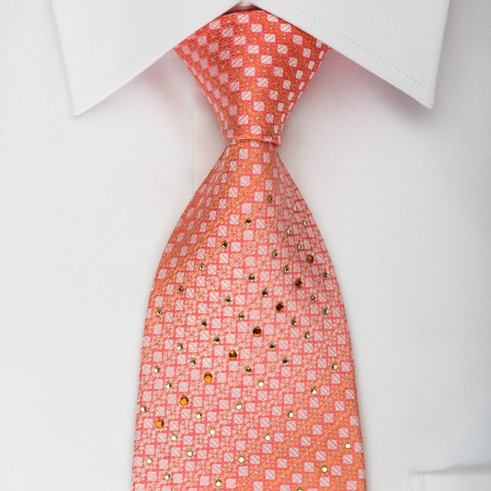 Elle Homme Rhinestone Tie Orange Checkered With Silver Sparkles