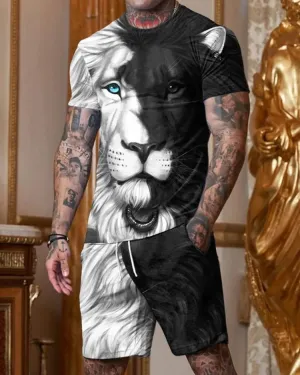 Fashion Black Lion Print Short Sleeve Round Collar Suit