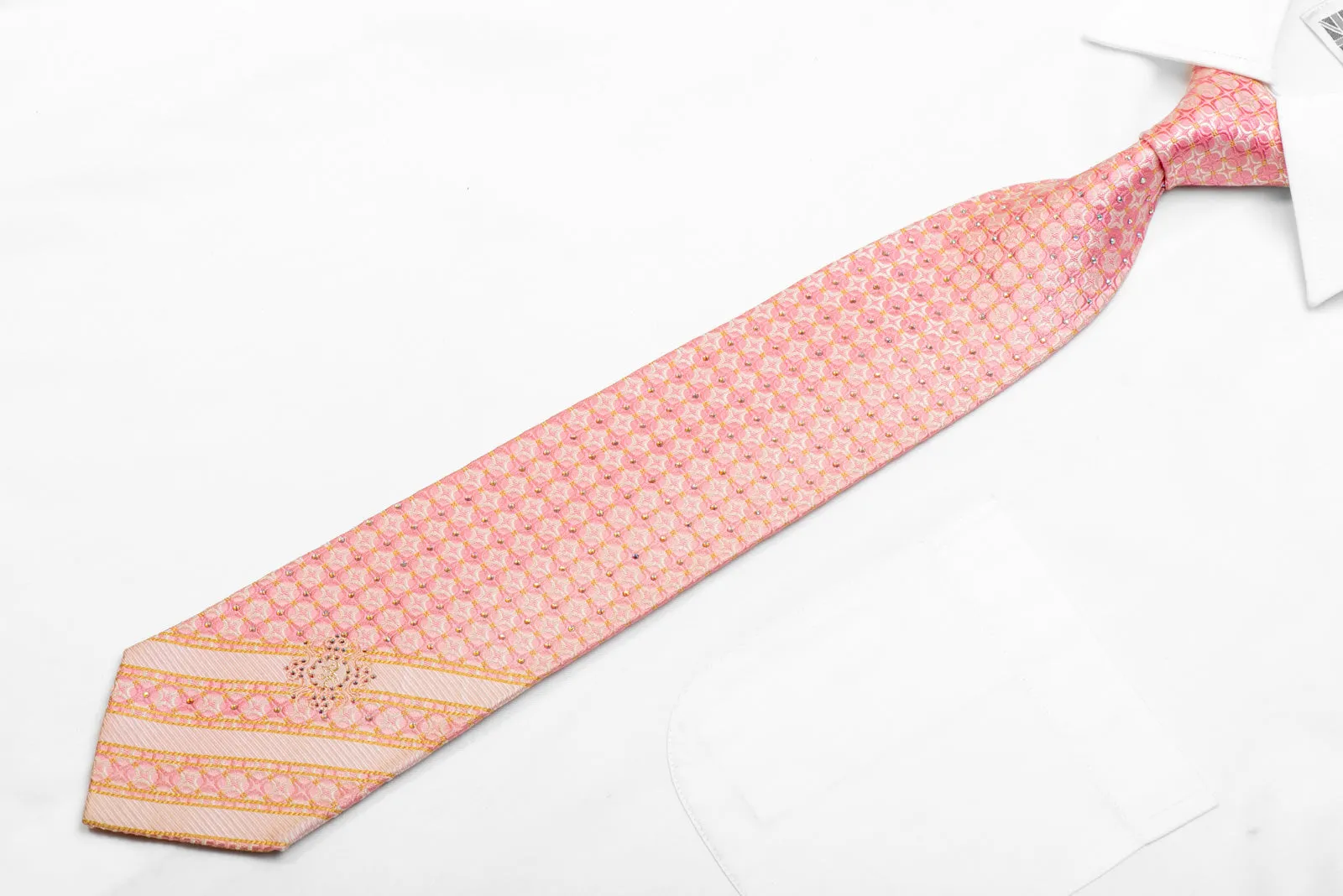 Geometric On Pink Men's Rhinestone Silk Necktie