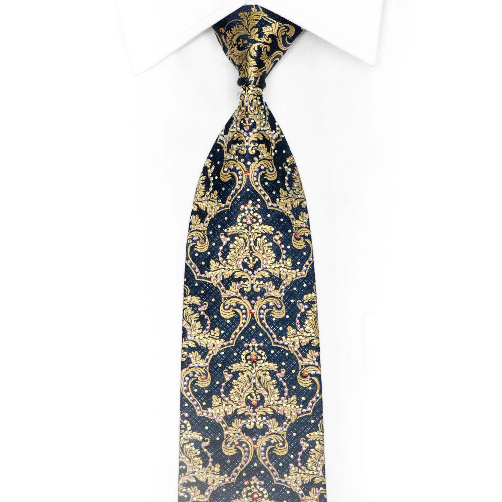 Gold Damask On Navy Rhinestone Silk Tie With Silver Sparkles