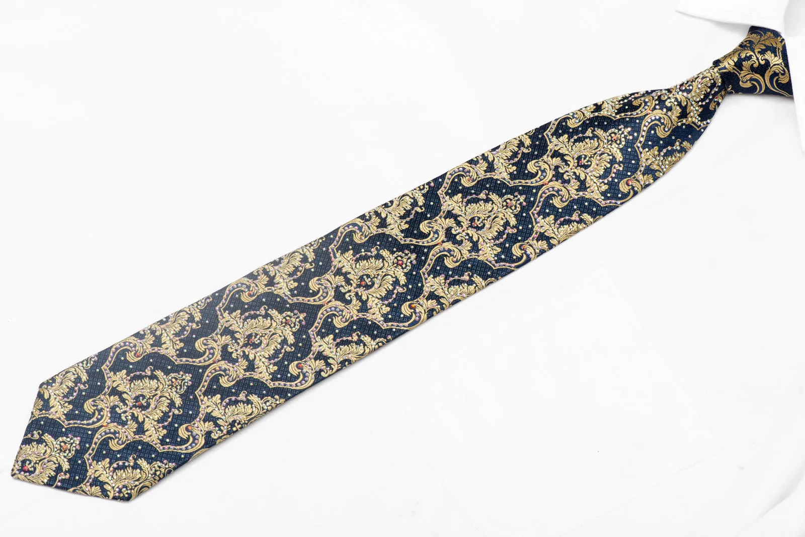 Gold Damask On Navy Rhinestone Silk Tie With Silver Sparkles