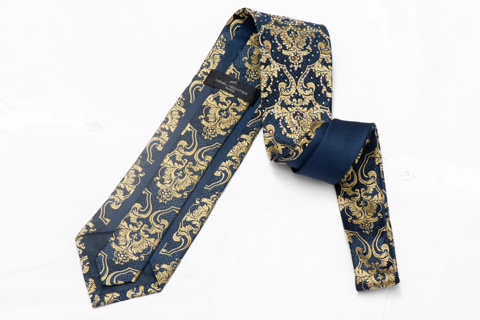 Gold Damask On Navy Rhinestone Silk Tie With Silver Sparkles