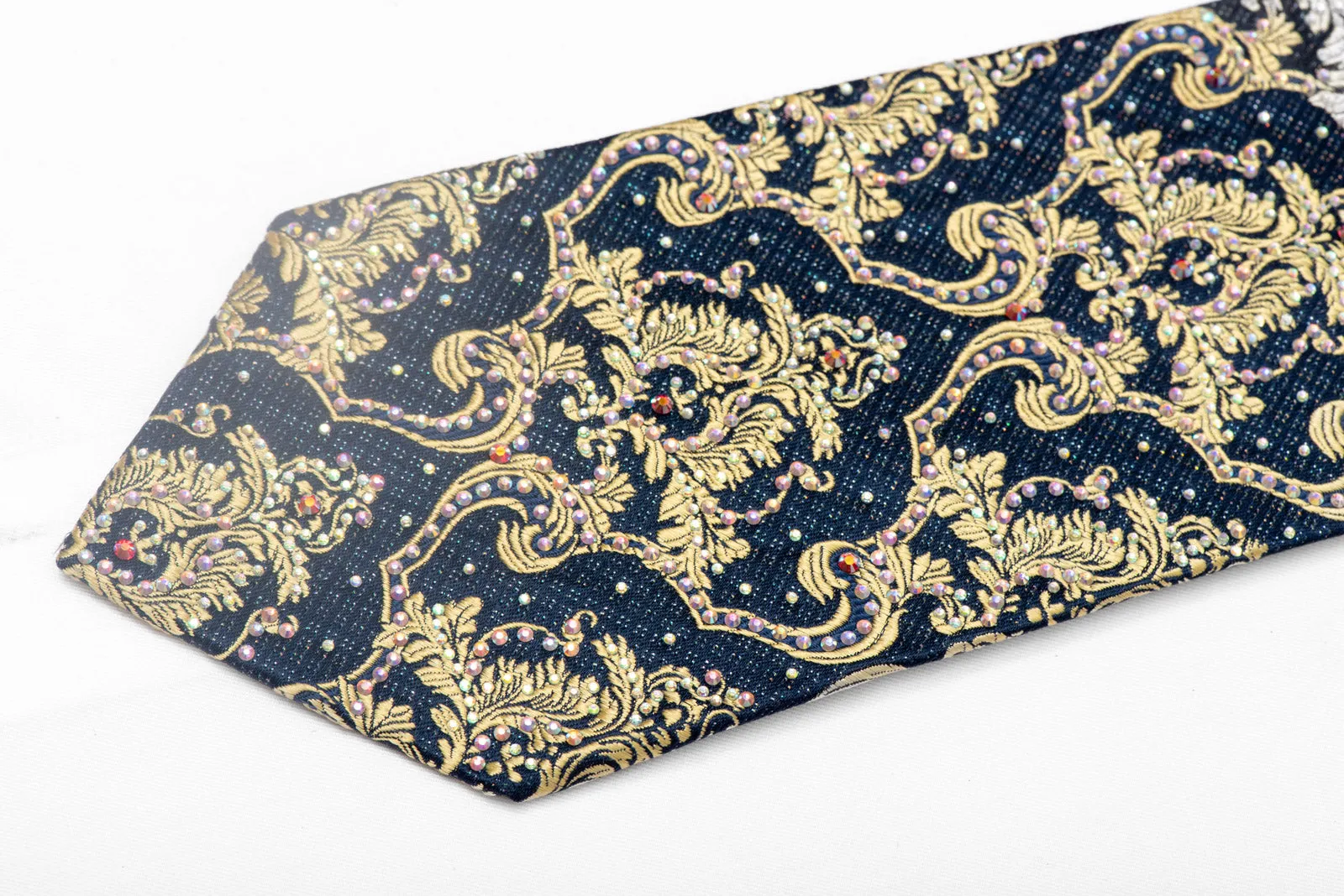 Gold Damask On Navy Rhinestone Silk Tie With Silver Sparkles