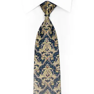 Gold Damask On Navy Rhinestone Silk Tie With Silver Sparkles