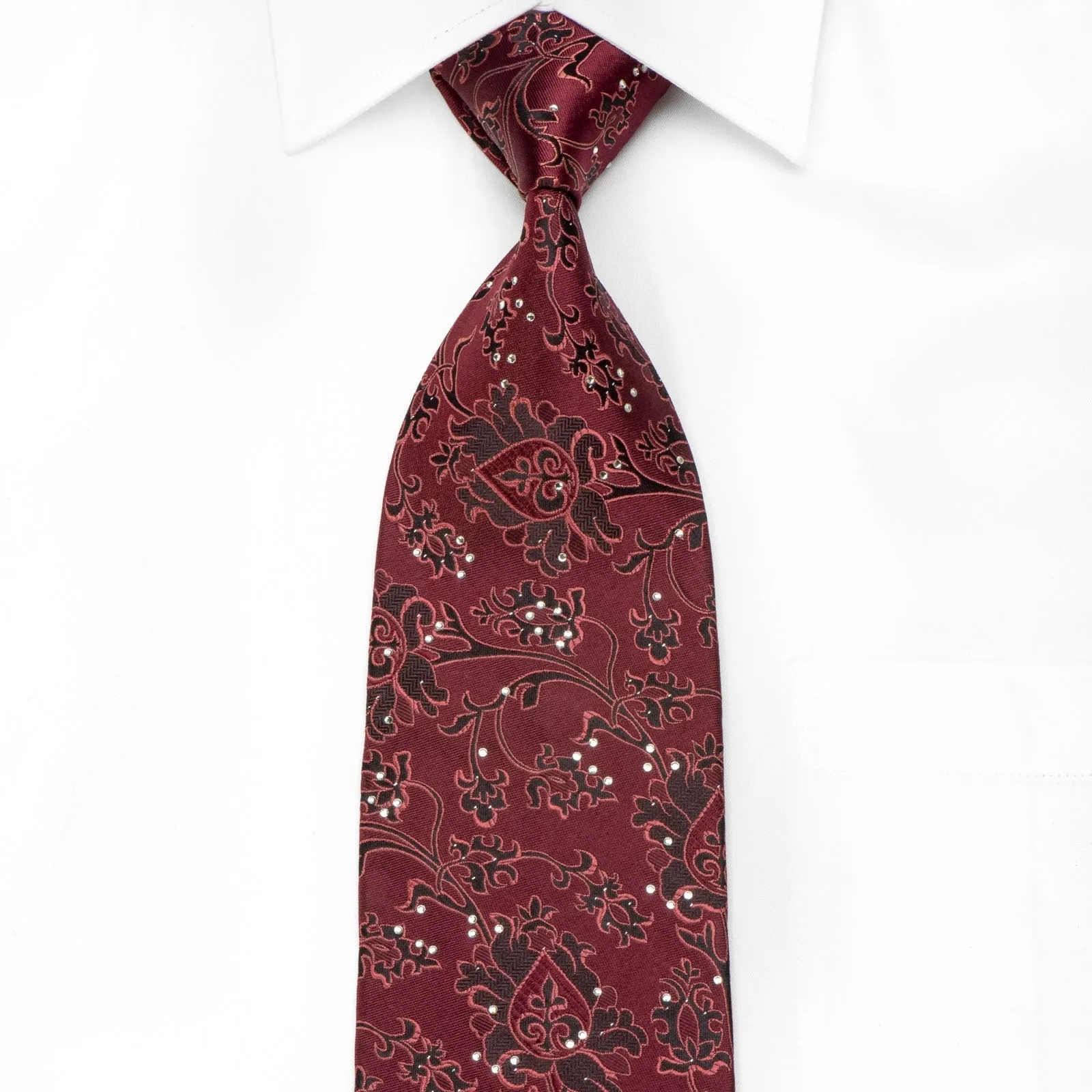 Good Day Men's Crystal Silk Necktie Brown Anthemion On Burgundy With Silver Sparkles