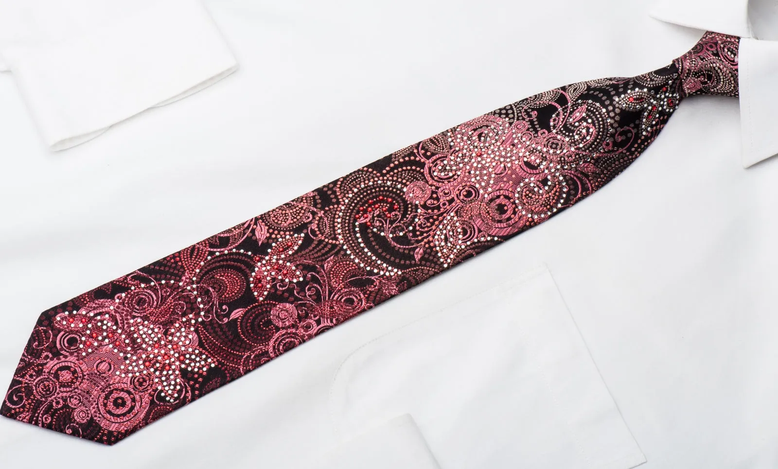 Grand Jour Mens Crystal Necktie Burgundy Floral On Black With Red Sparkles