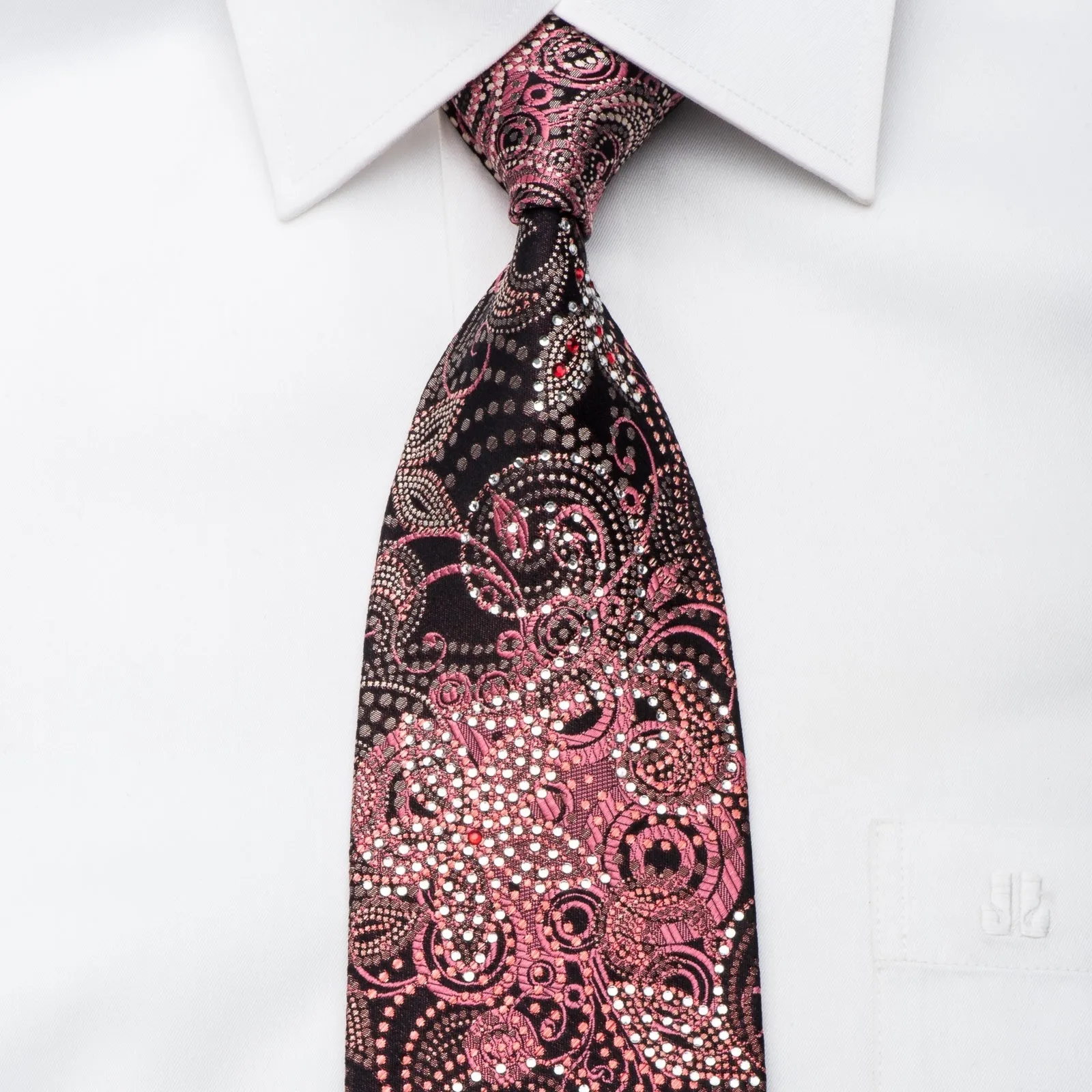 Grand Jour Mens Crystal Necktie Burgundy Floral On Black With Red Sparkles