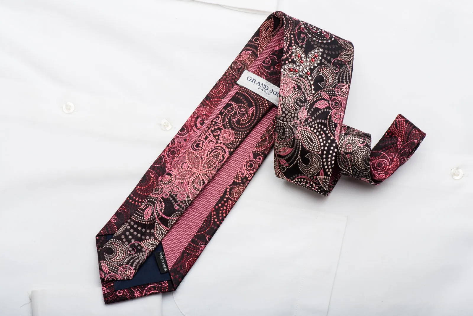 Grand Jour Mens Crystal Necktie Burgundy Floral On Black With Red Sparkles