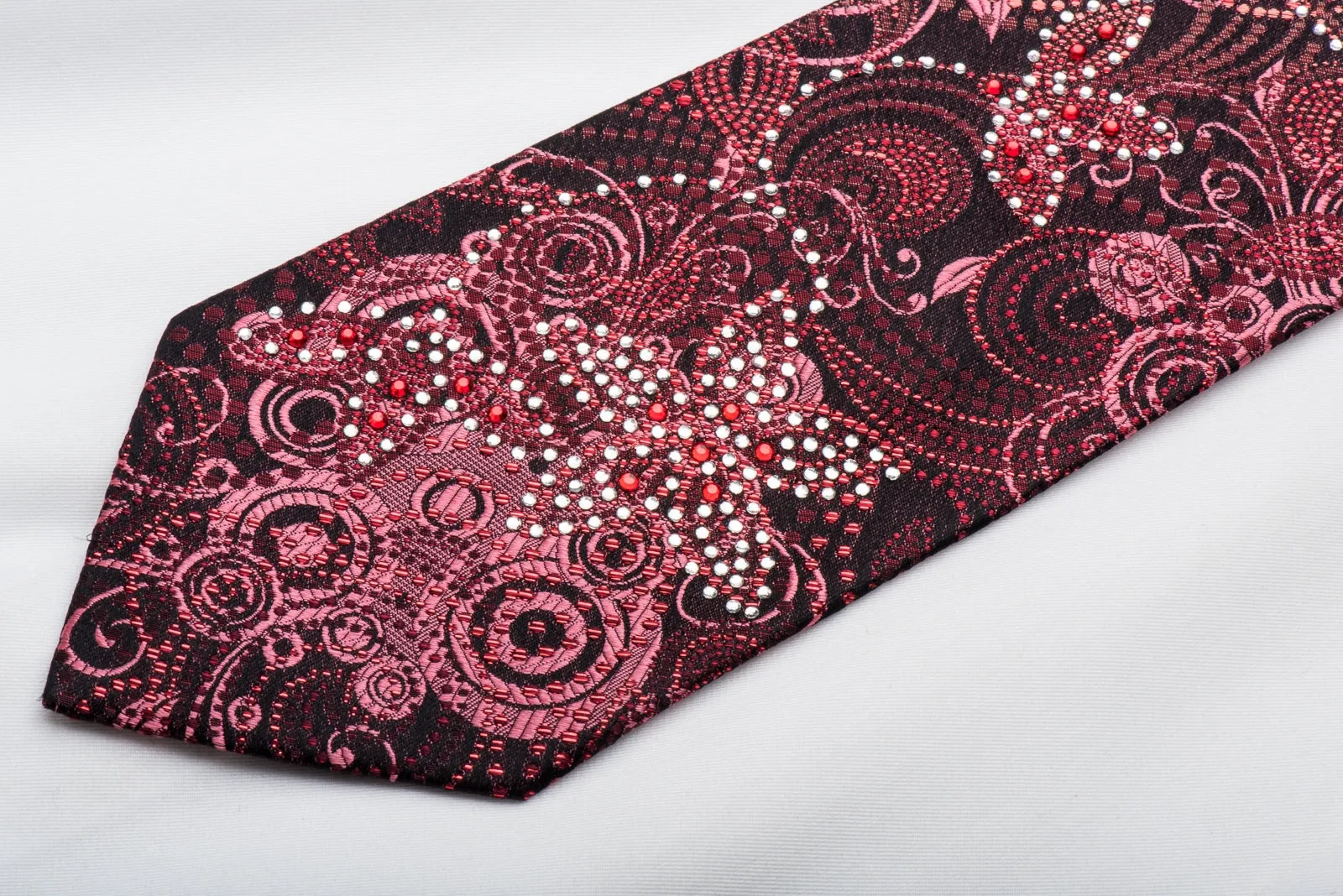 Grand Jour Mens Crystal Necktie Burgundy Floral On Black With Red Sparkles