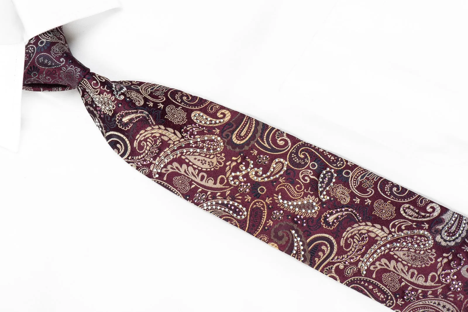 Grang Cia Men's Crystal Rhinestone Silk Necktie Paisley On Purple