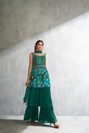 GREEN COLORED PRINTED GHARARA SUIT SET