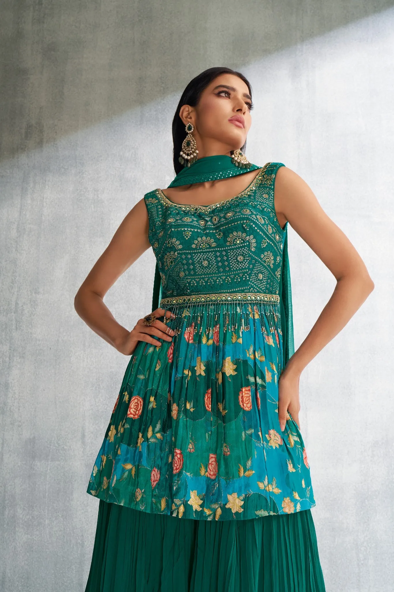 GREEN COLORED PRINTED GHARARA SUIT SET