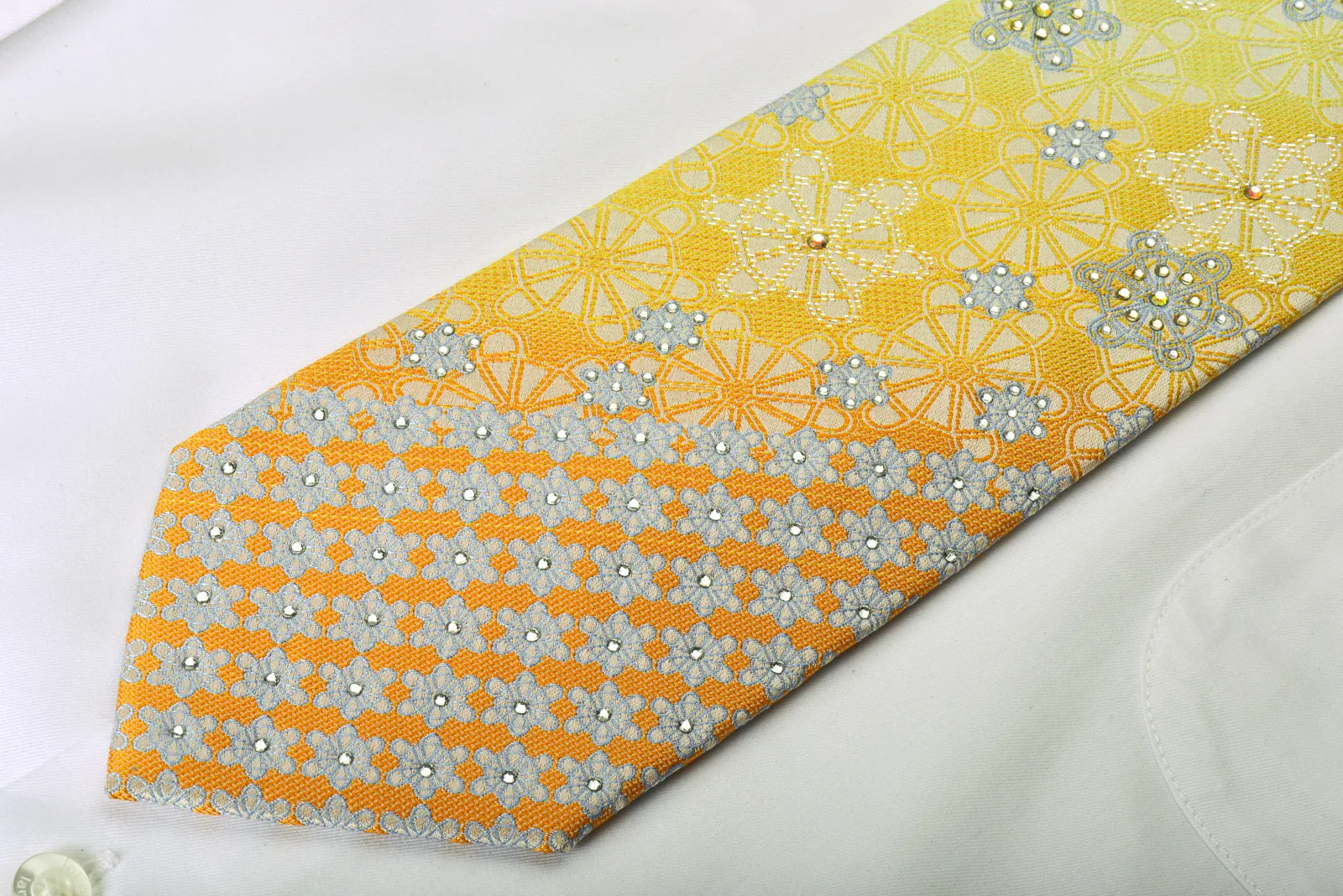 Guy Laroche Rhinestone Silk Necktie Silver Geometric On Yellow Orange With Silver Sparkles