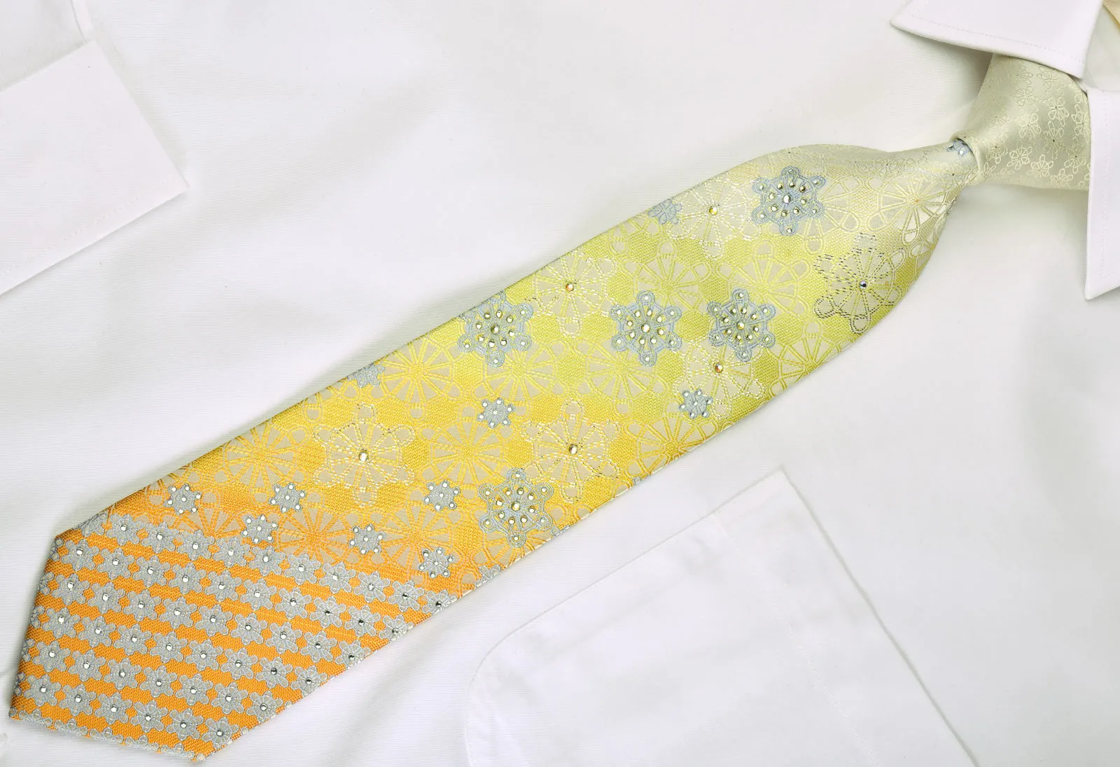 Guy Laroche Rhinestone Silk Necktie Silver Geometric On Yellow Orange With Silver Sparkles