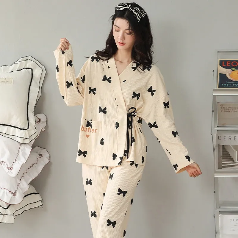 High Quality Women's Pajamas Set Kimono Ins Style Sleepwear Cotton Casual Homewear V Neck 2pcs Nightgown пижама женская