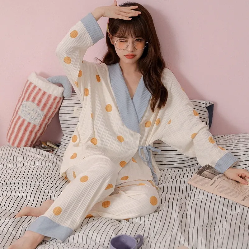 High Quality Women's Pajamas Set Kimono Ins Style Sleepwear Cotton Casual Homewear V Neck 2pcs Nightgown пижама женская