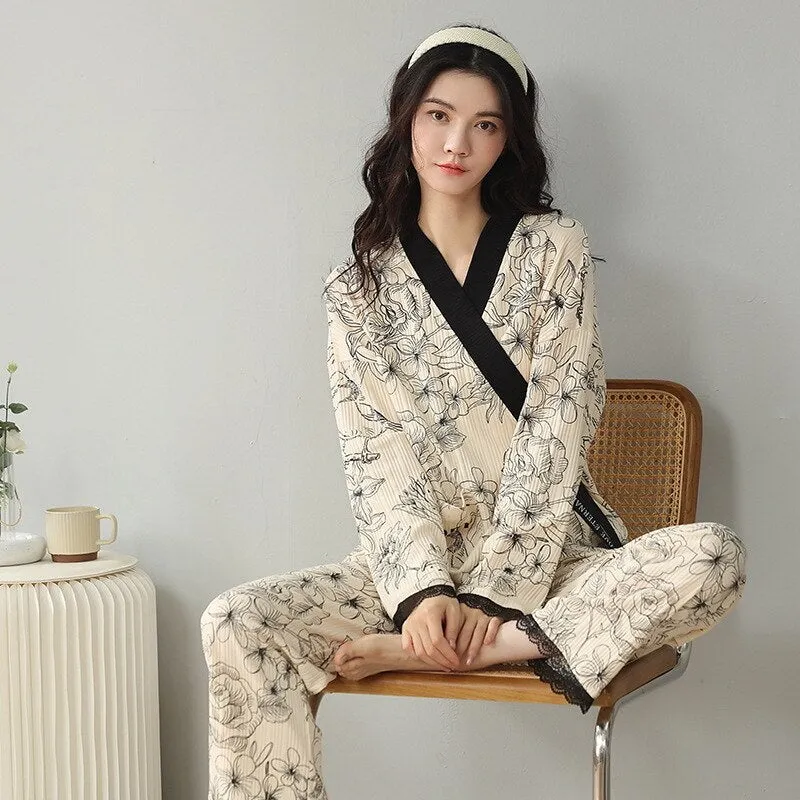 High Quality Women's Pajamas Set Kimono Ins Style Sleepwear Cotton Casual Homewear V Neck 2pcs Nightgown пижама женская