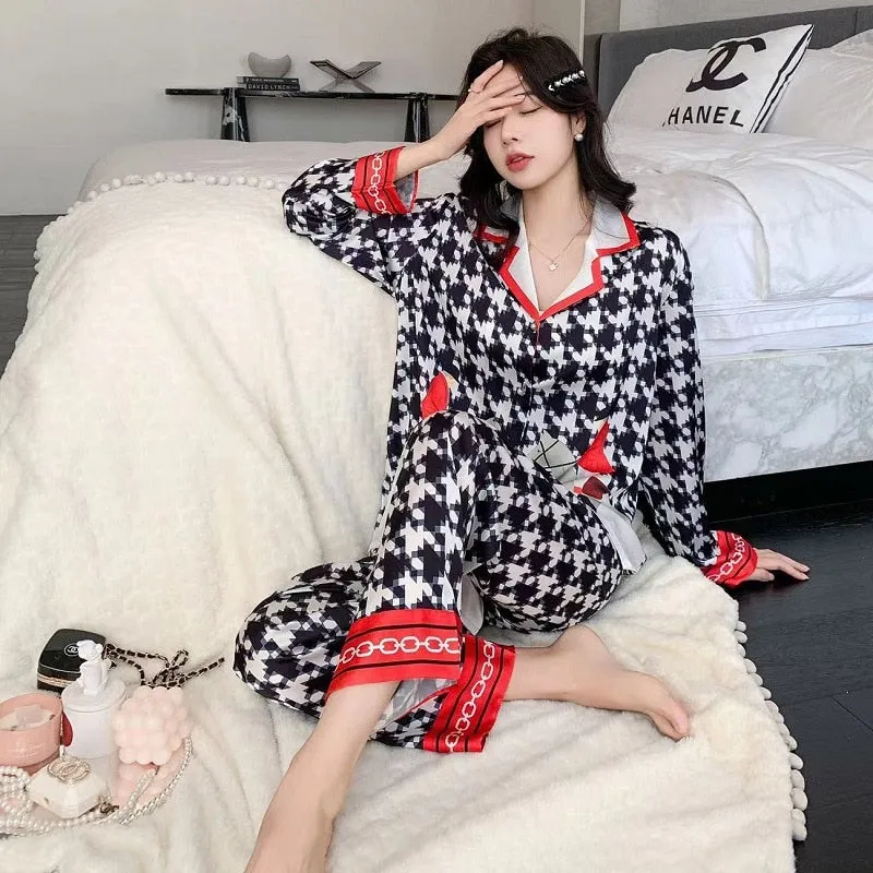 High Quality Women's Silk Like Pajamas Spring Summer Satin Long Sleeve Pants Set Plaid Print Cardigan Lapel Home Clothes