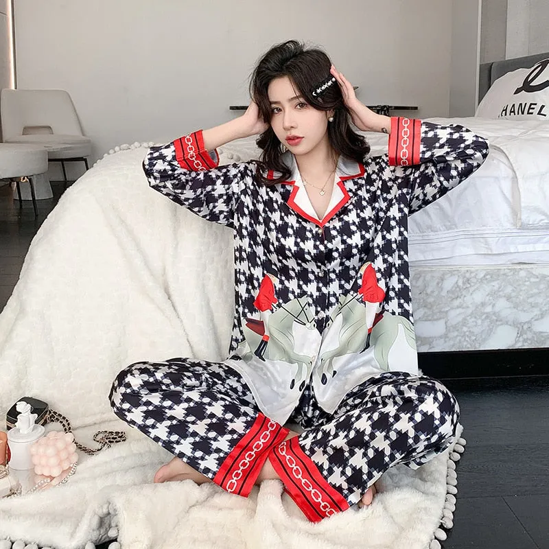 High Quality Women's Silk Like Pajamas Spring Summer Satin Long Sleeve Pants Set Plaid Print Cardigan Lapel Home Clothes