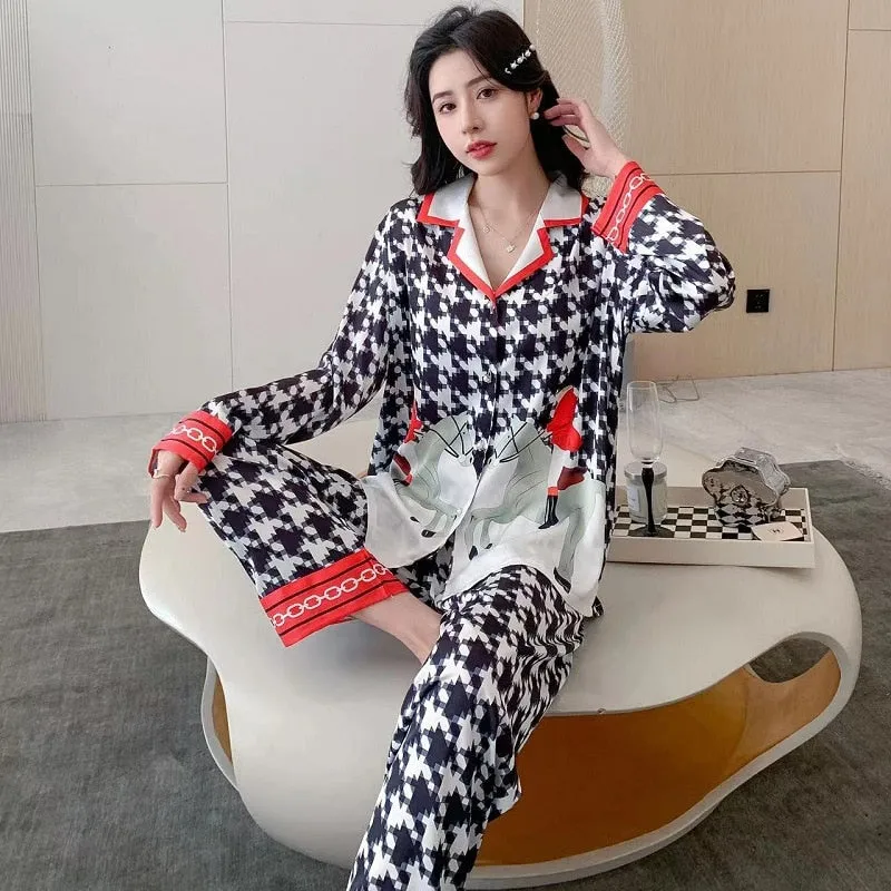 High Quality Women's Silk Like Pajamas Spring Summer Satin Long Sleeve Pants Set Plaid Print Cardigan Lapel Home Clothes