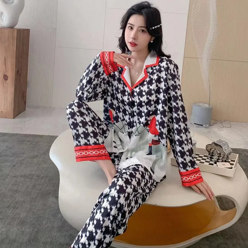 High Quality Women's Silk Like Pajamas Spring Summer Satin Long Sleeve Pants Set Plaid Print Cardigan Lapel Home Clothes