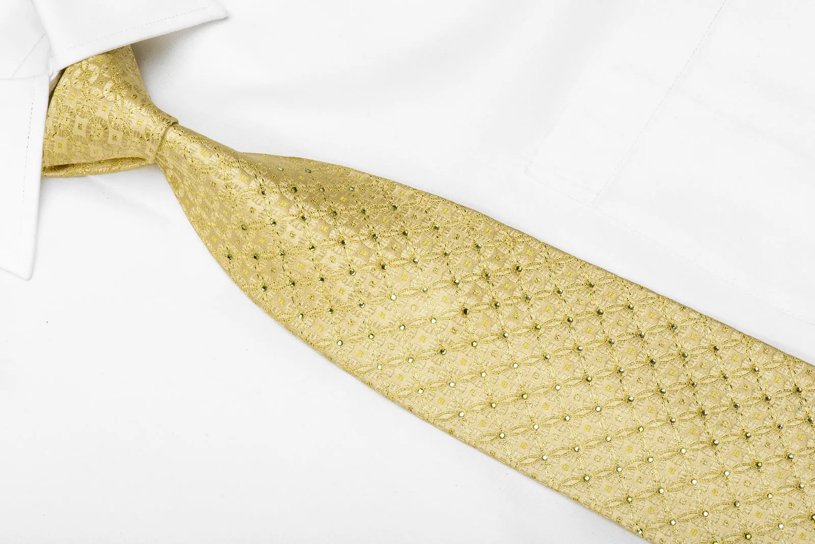 Huey Men's Crystal Silk Tie Geometric Medallions On Golden With Gold Sparkles