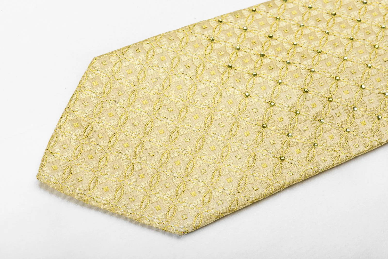 Huey Men's Crystal Silk Tie Geometric Medallions On Golden With Gold Sparkles