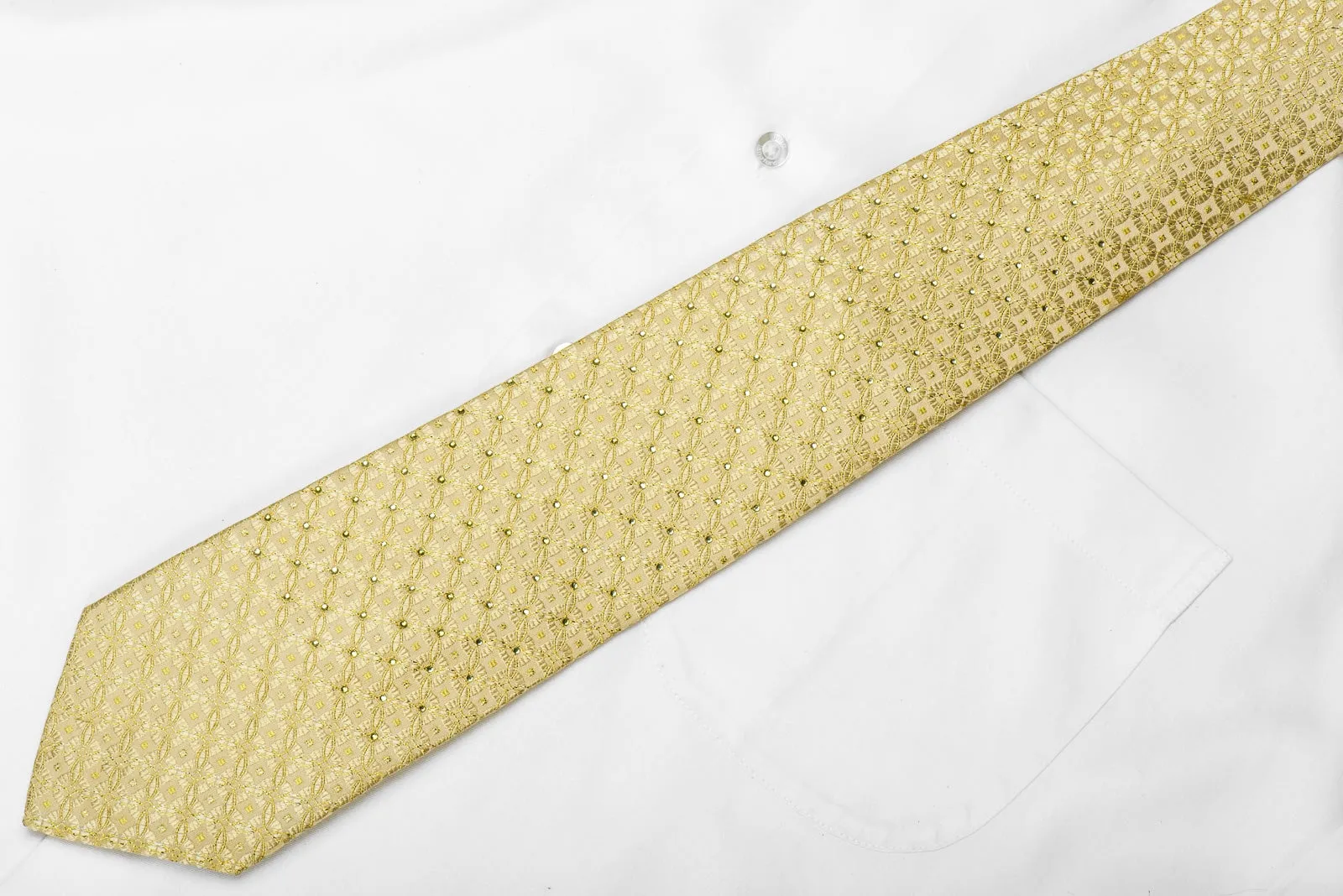 Huey Men's Crystal Silk Tie Geometric Medallions On Golden With Gold Sparkles