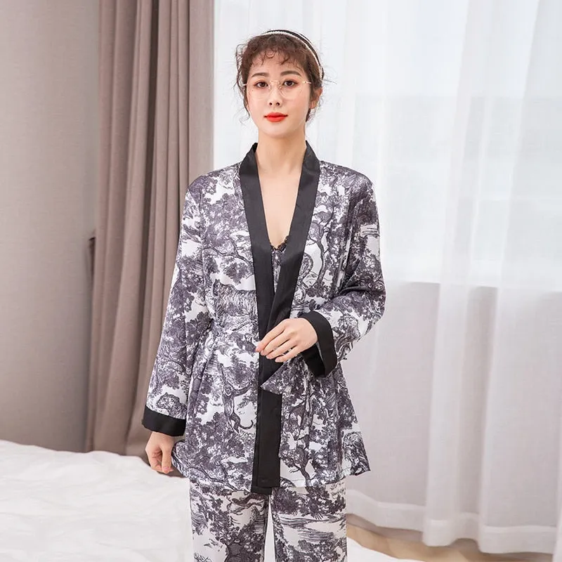 Imitation Silk Pajamas Women's Spring Autumn Long Sleeve Suspender Skirt Pants Three Piece Set Jungle Print Home Suit