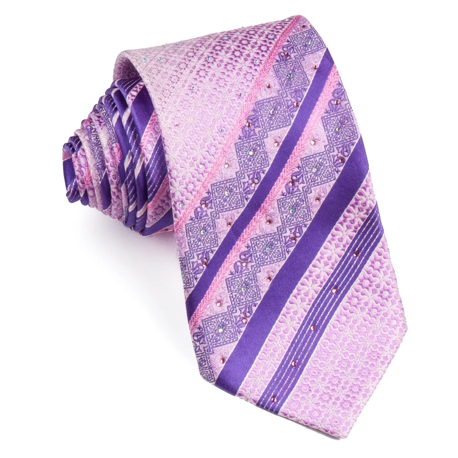 Indian Homme Men's Rhinestone Silk Neck Tie Purple Stripes On Pink