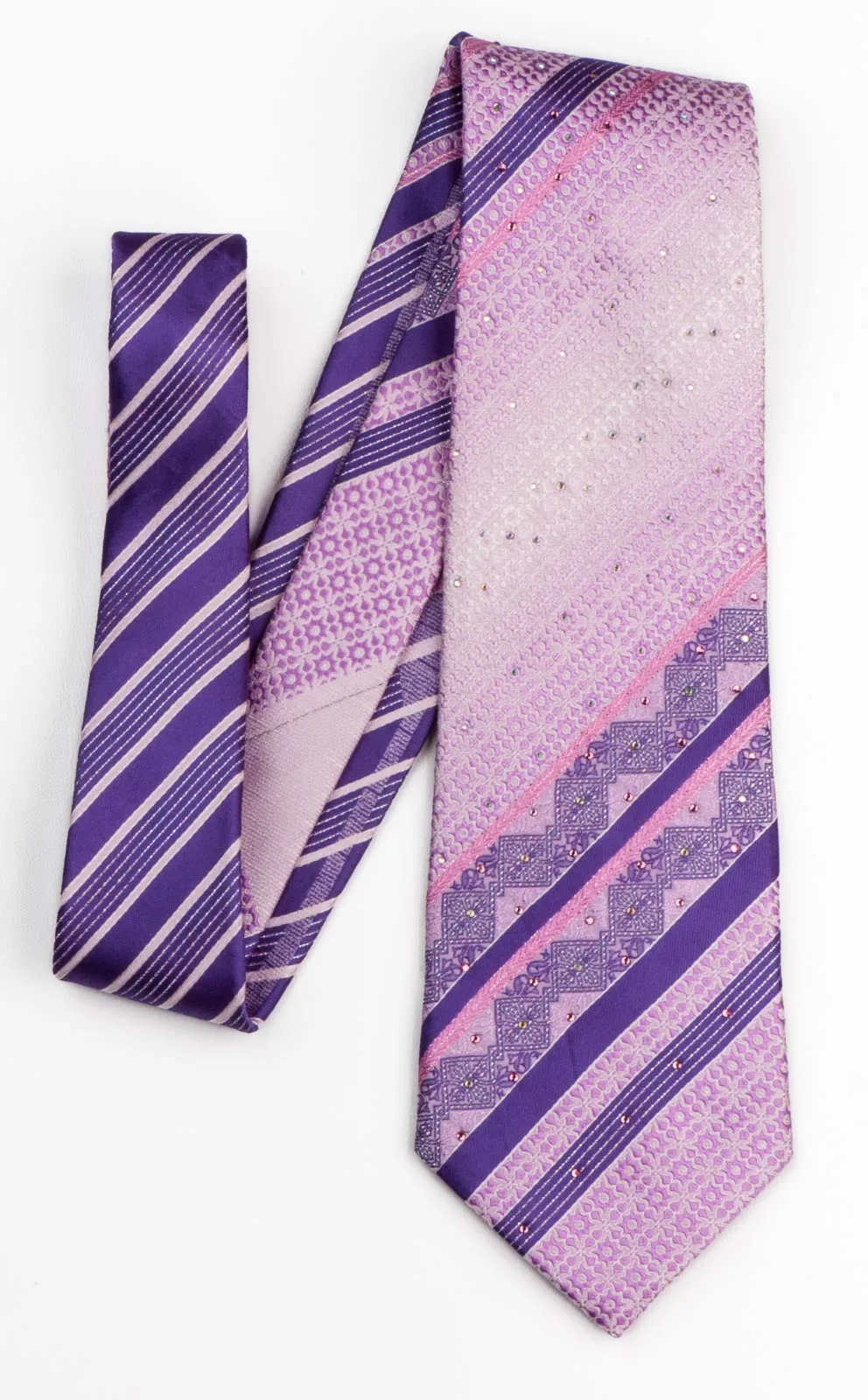 Indian Homme Men's Rhinestone Silk Neck Tie Purple Stripes On Pink