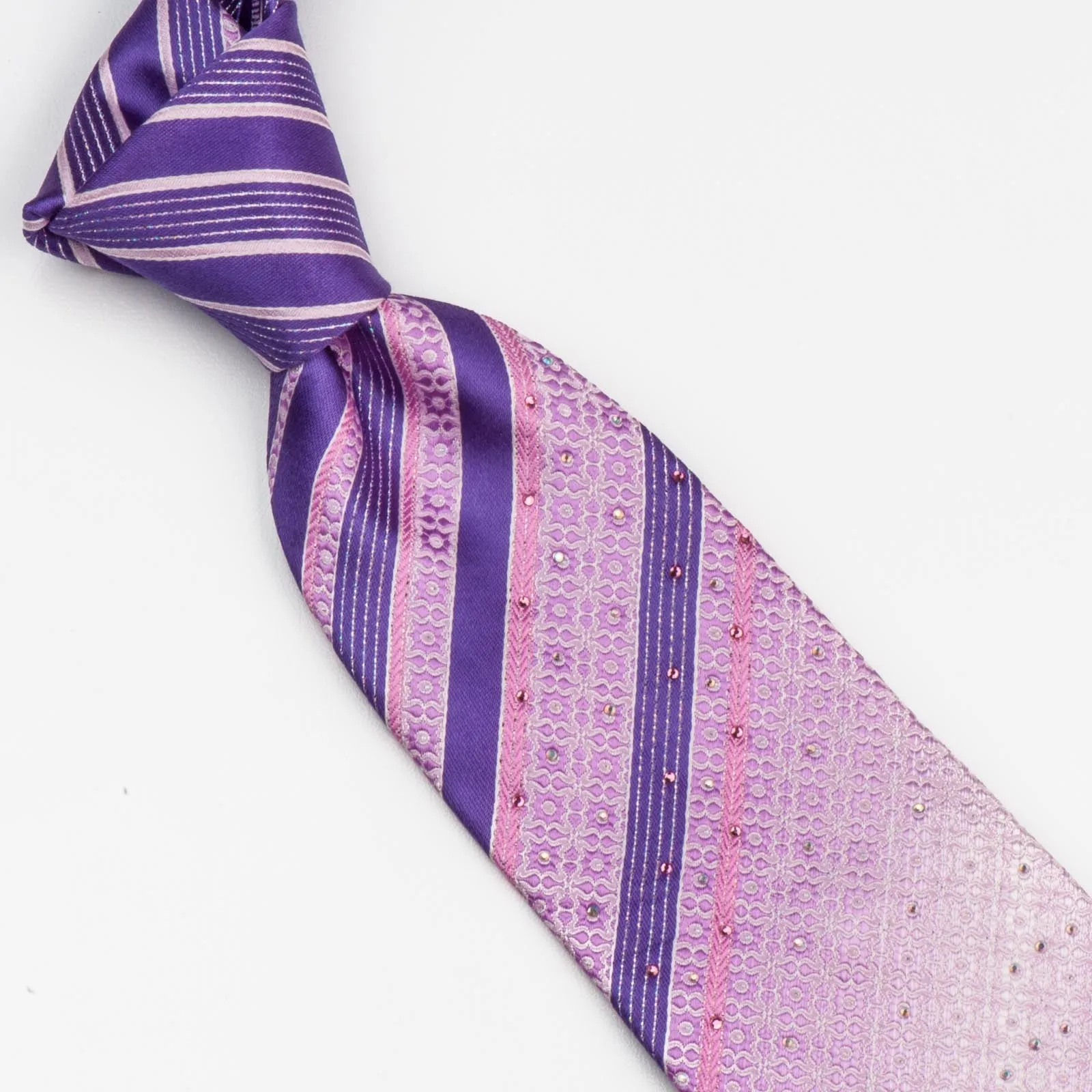 Indian Homme Men's Rhinestone Silk Neck Tie Purple Stripes On Pink