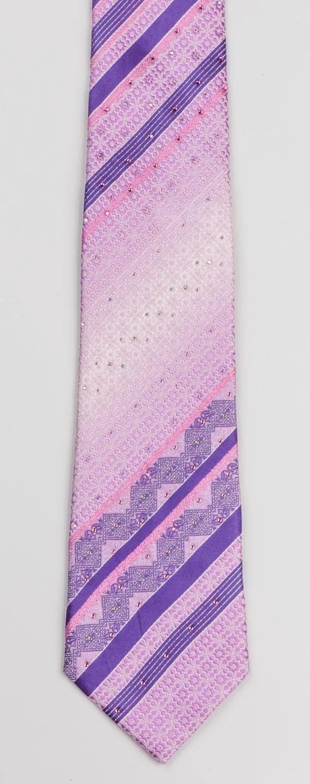 Indian Homme Men's Rhinestone Silk Neck Tie Purple Stripes On Pink