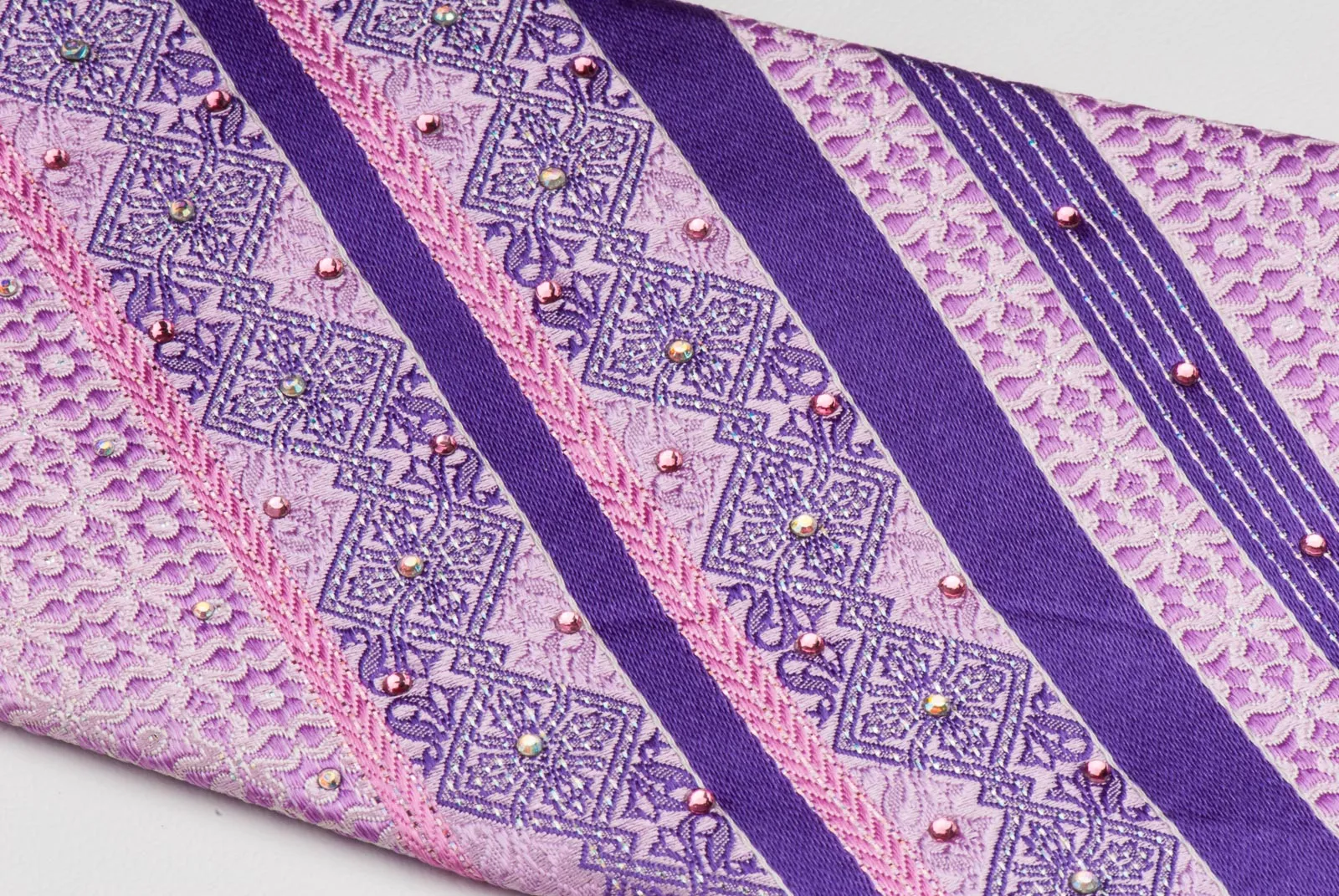 Indian Homme Men's Rhinestone Silk Neck Tie Purple Stripes On Pink