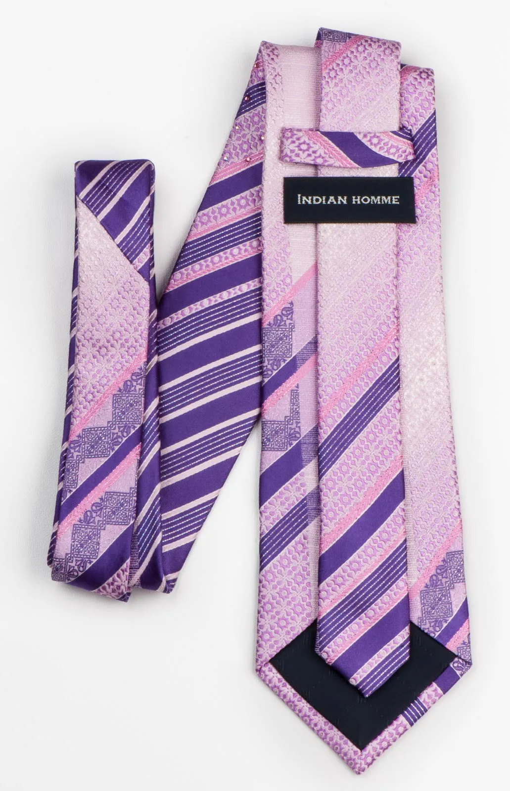 Indian Homme Men's Rhinestone Silk Neck Tie Purple Stripes On Pink