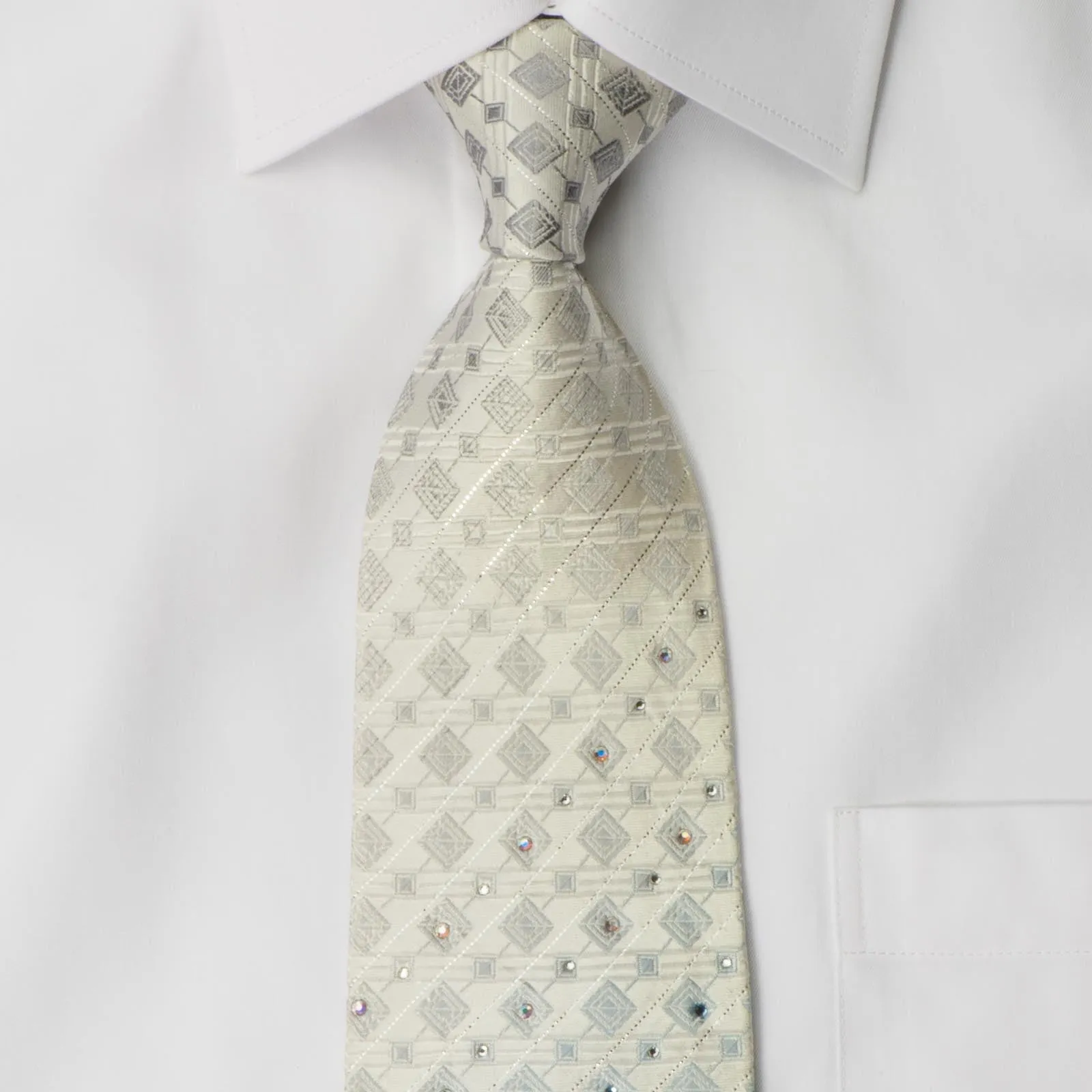 Indian Homme Rhinestone Necktie Blue Geometric Design On White With Sparkles