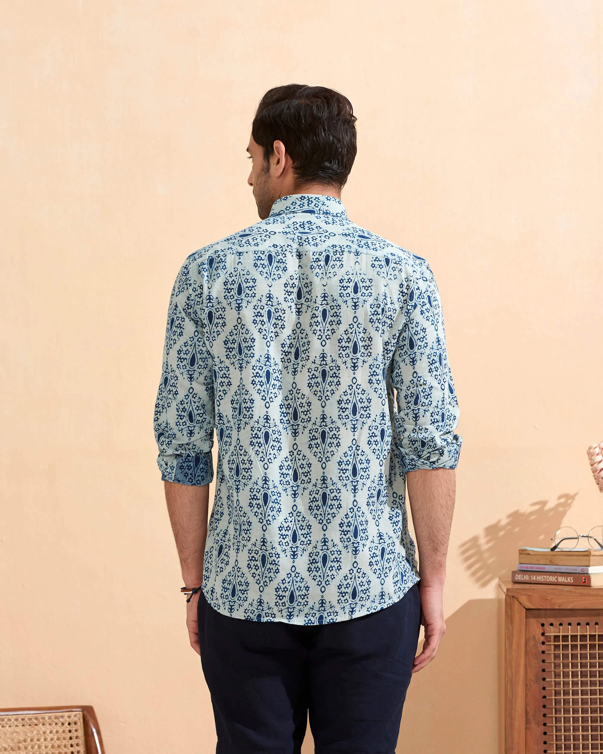 Indigo Full Sleeve Cotton Hand Block Printed Men's Shirt