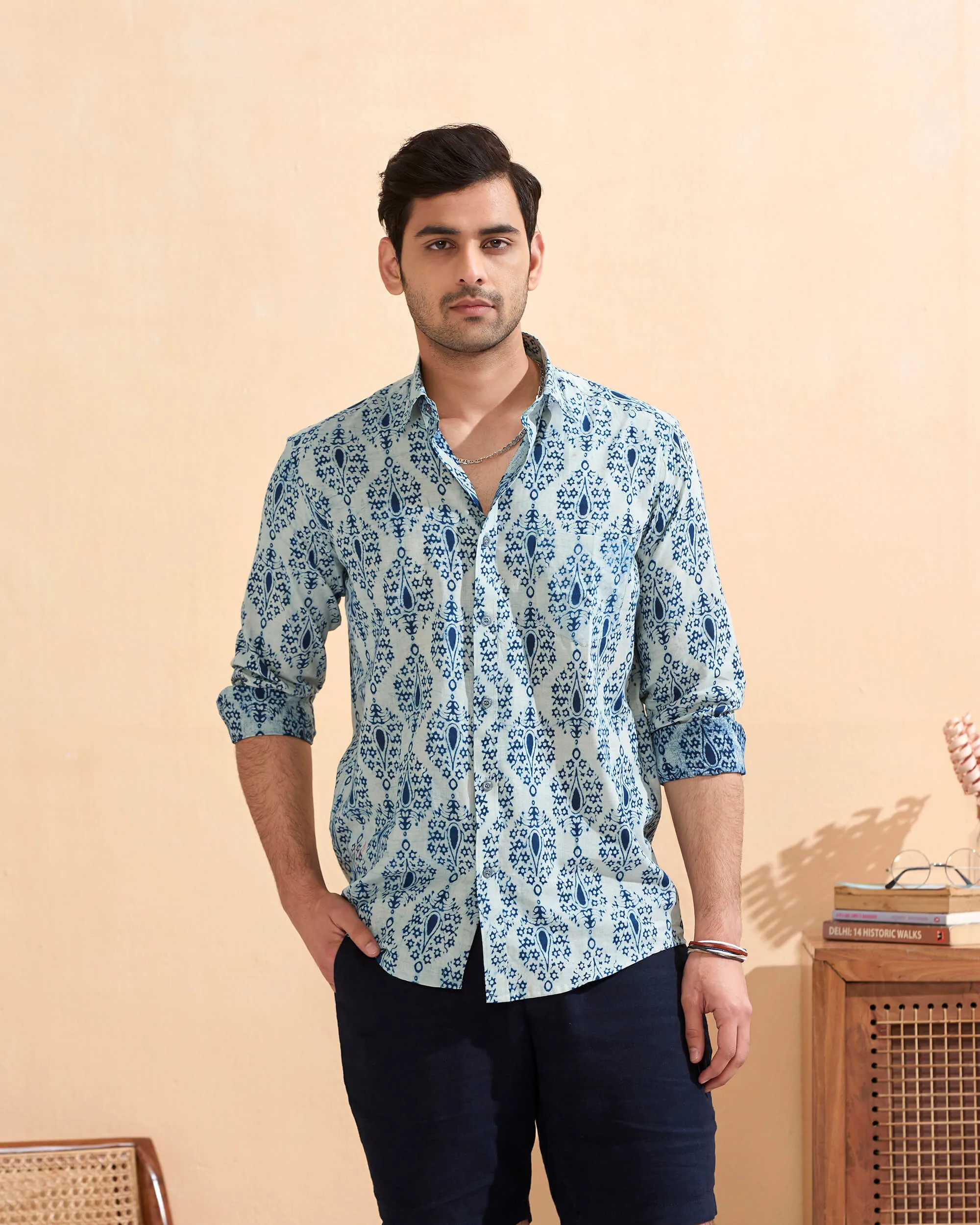 Indigo Full Sleeve Cotton Hand Block Printed Men's Shirt